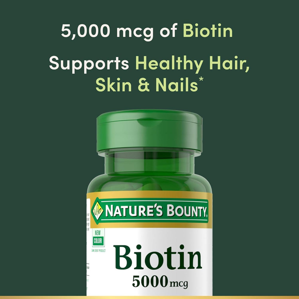 Uso diario: Nature's Bounty Biotina 5000mcg para piel saludable y cabello.
