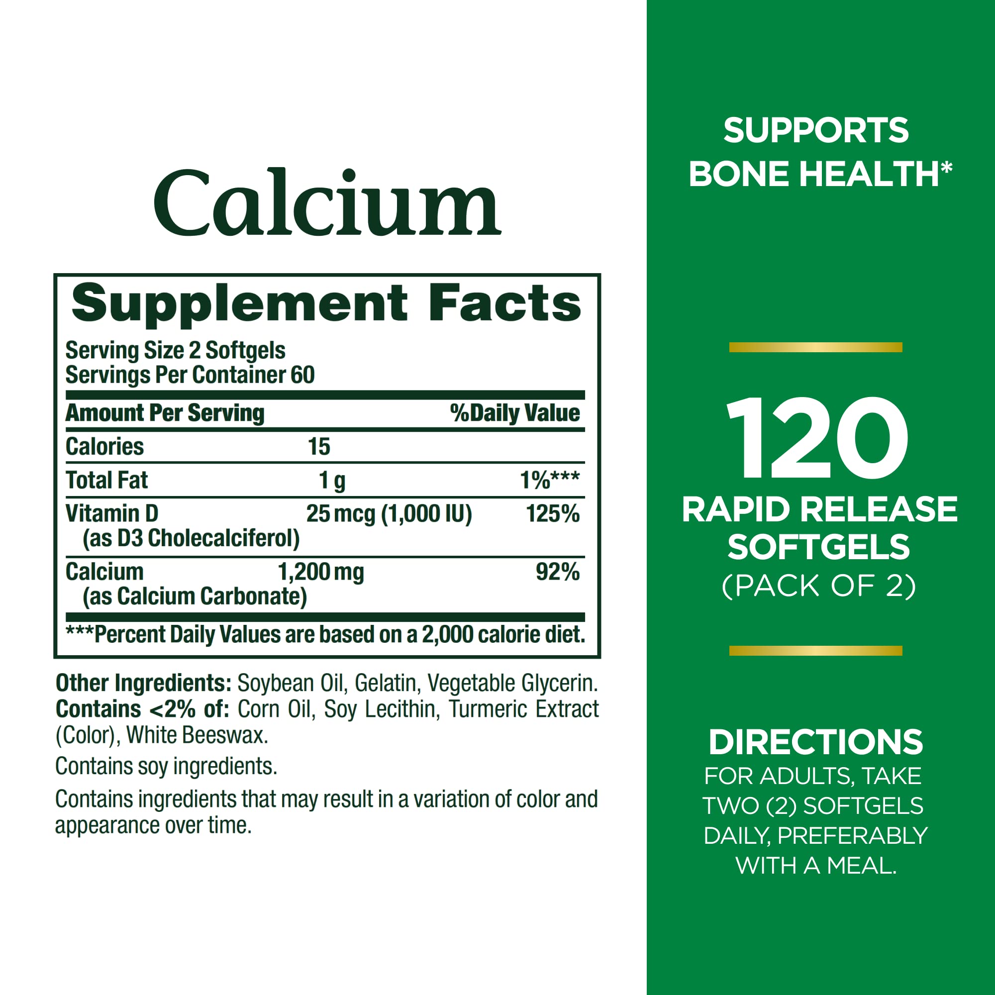 Closeup of Nature's Bounty calcium softgels showing capsule texture and absorption aid