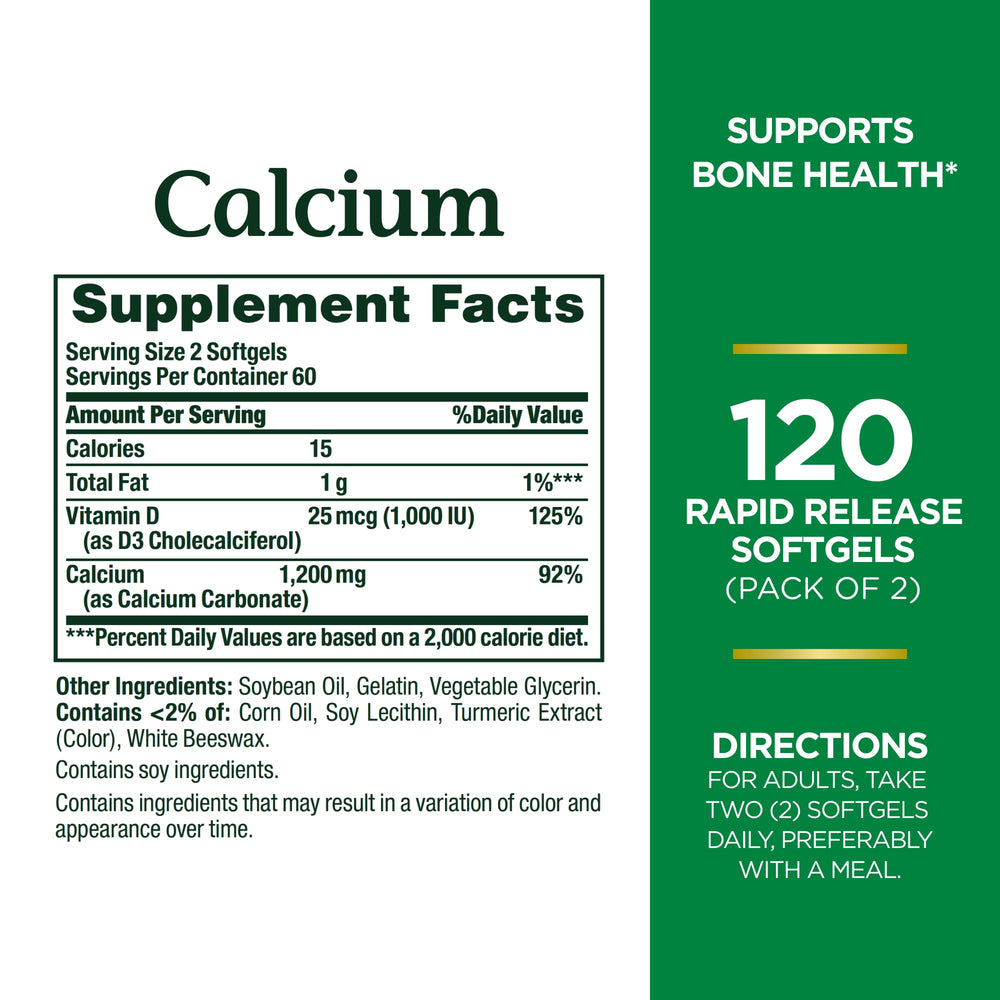 Closeup of Nature's Bounty calcium softgels showing capsule texture and absorption aid