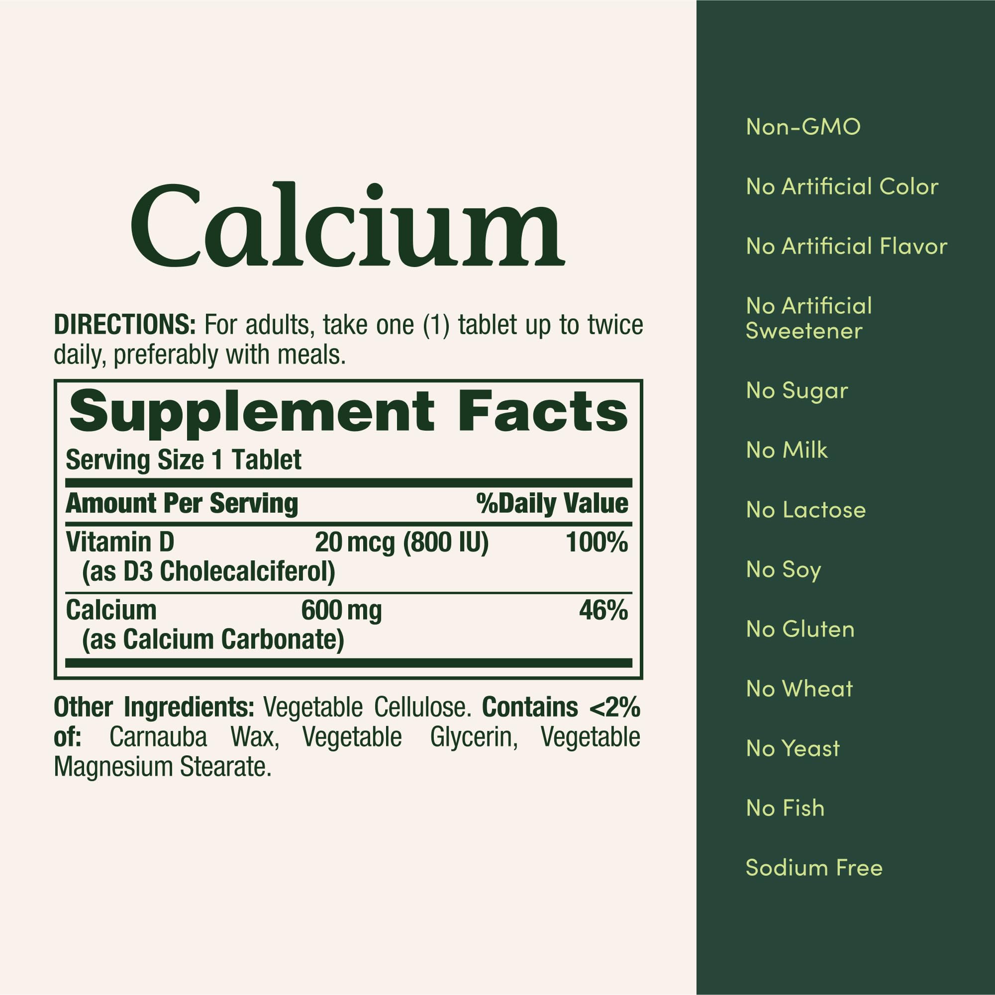Nature's Bounty Calcium D3 ingredient panel communicates consistent dosage