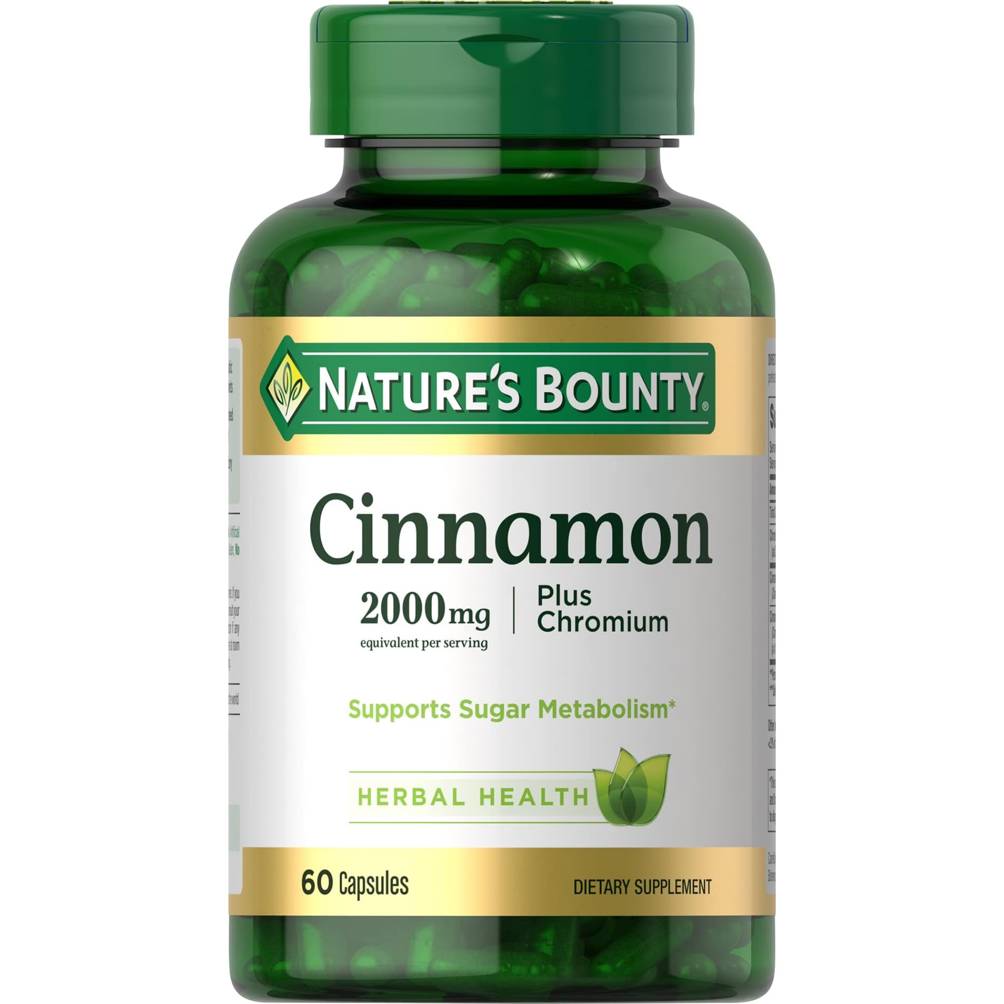 Nature's Bounty Cinnamon 2000mg Plus Chromium bottle front view showing sugar metabolism support