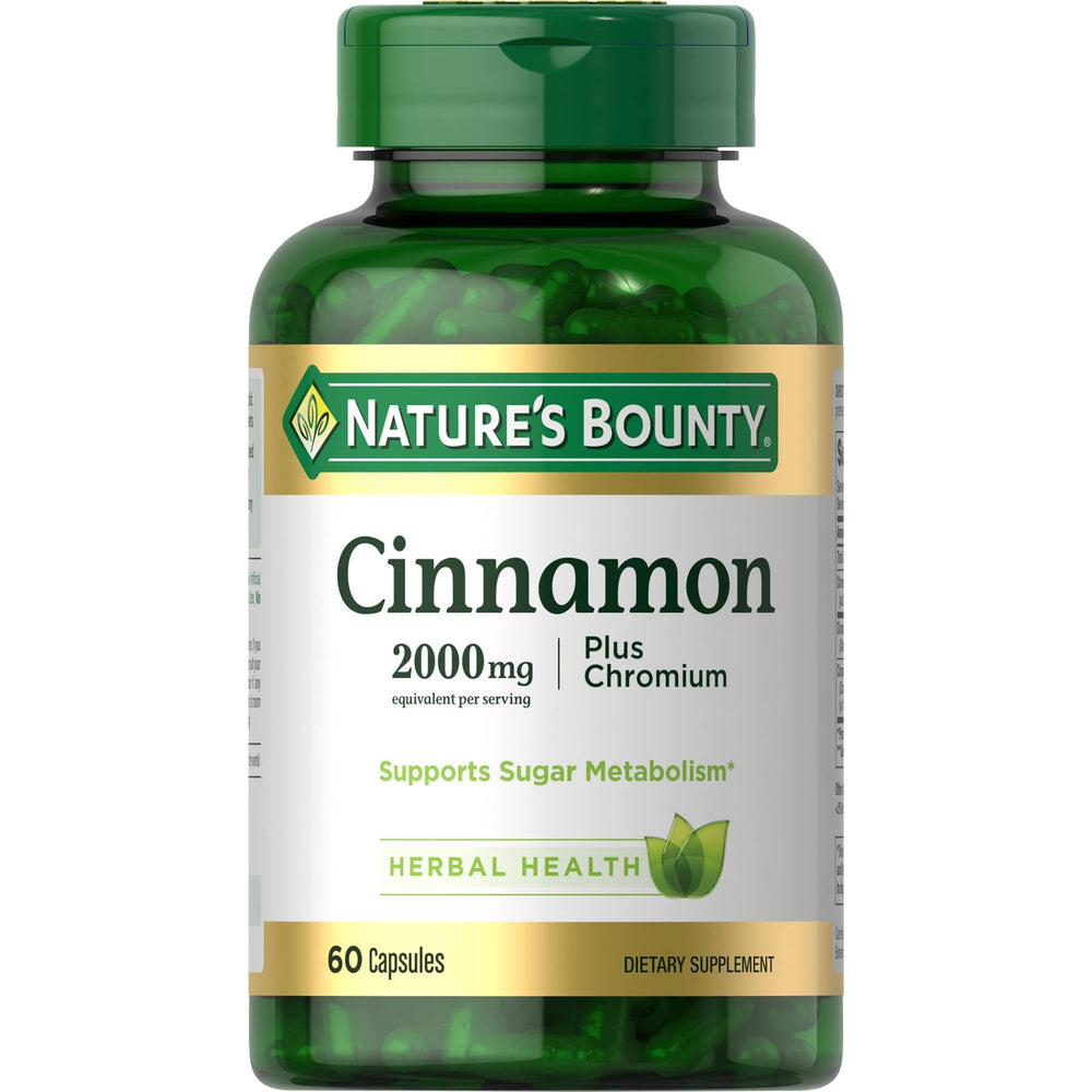 Nature's Bounty Cinnamon 2000mg Plus Chromium bottle front view showing sugar metabolism support