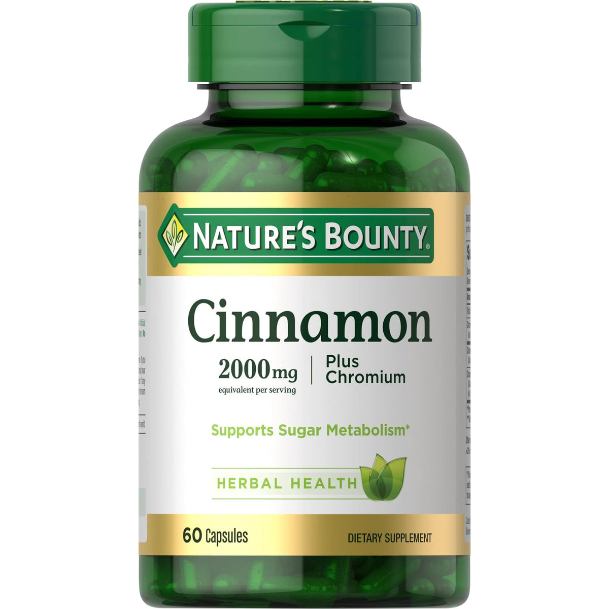 Nature's Bounty Cinnamon 2000mg Plus Chromium bottle front view showing sugar metabolism support