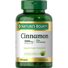 Nature's Bounty Cinnamon 2000mg Plus Chromium bottle front view showing sugar metabolism support