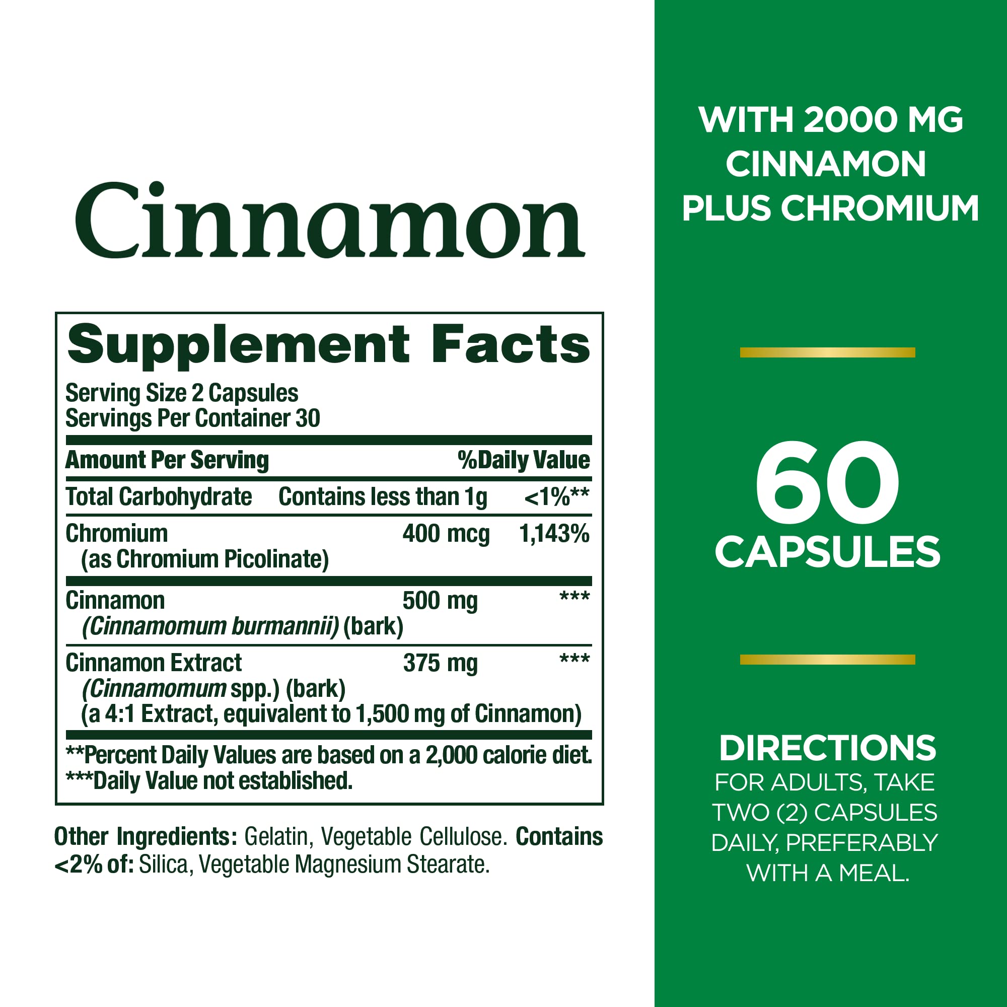 Nature's Bounty Cinnamon 2000mg Plus Chromium label close-up highlighting natural ingredients