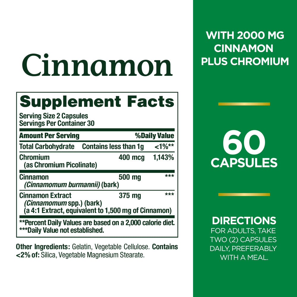 Nature's Bounty Cinnamon 2000mg Plus Chromium label close-up highlighting natural ingredients