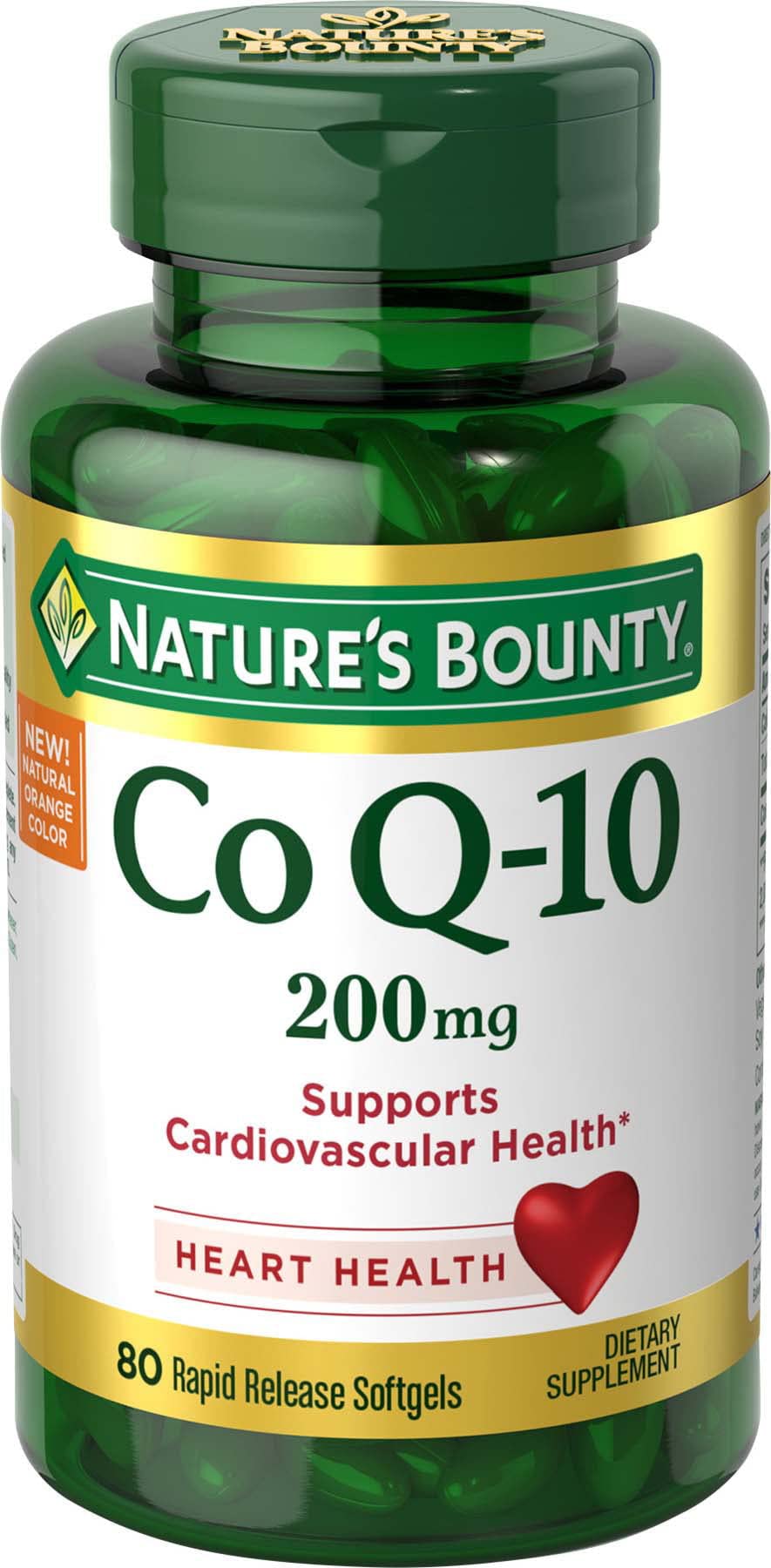 Nature's Bounty CoQ-10 200 mg softgels bottle pour highlighting convenient daily antioxidant support.