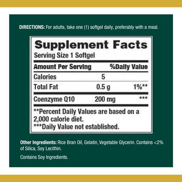 Nature's Bounty CoQ-10 200 mg softgels close-up label shows clinically studied ingredient.