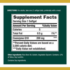 Nature's Bounty CoQ-10 200 mg softgels close-up label shows clinically studied ingredient.