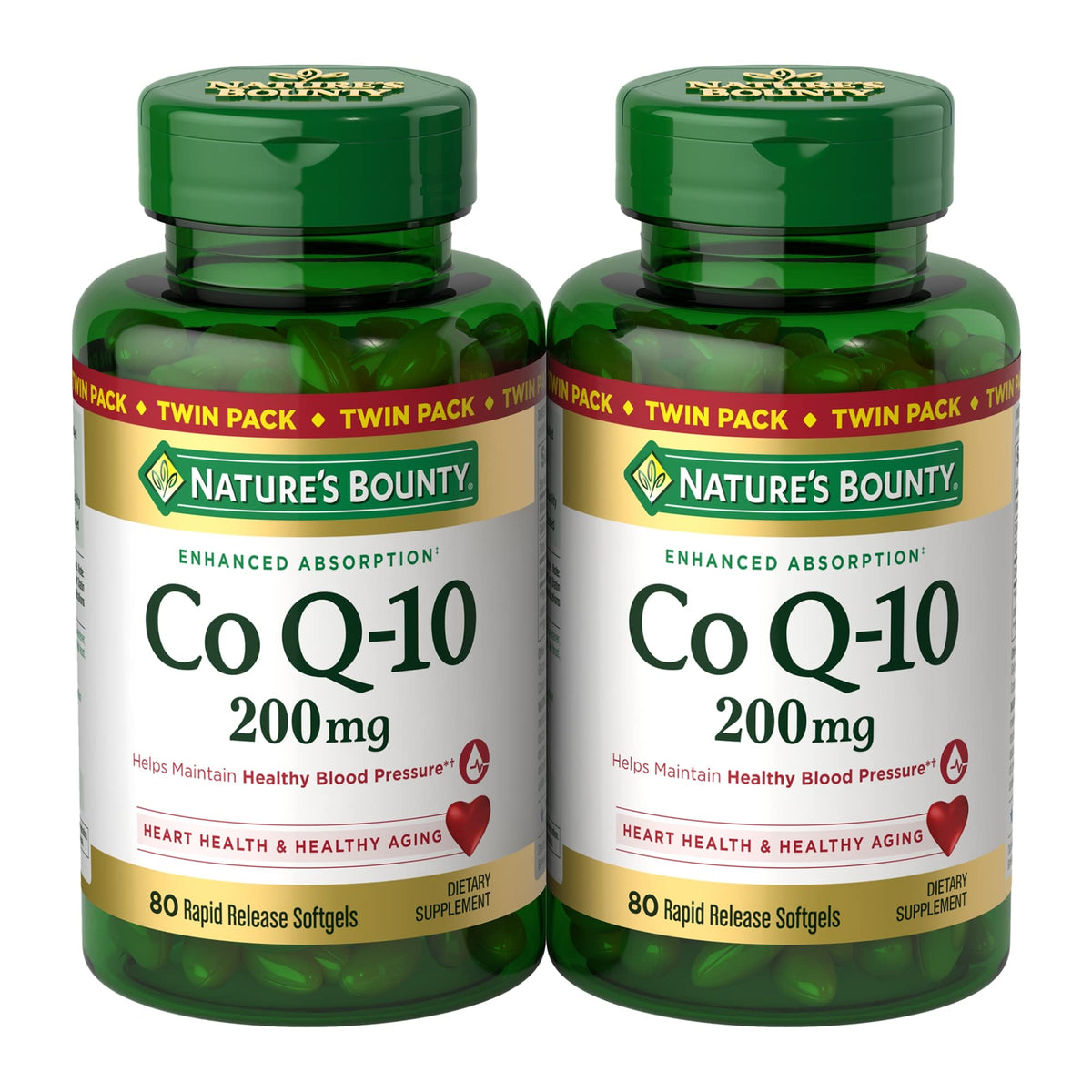Nature's Bounty CoQ10 200 mg softgels bottle closeup for heart health support and energy