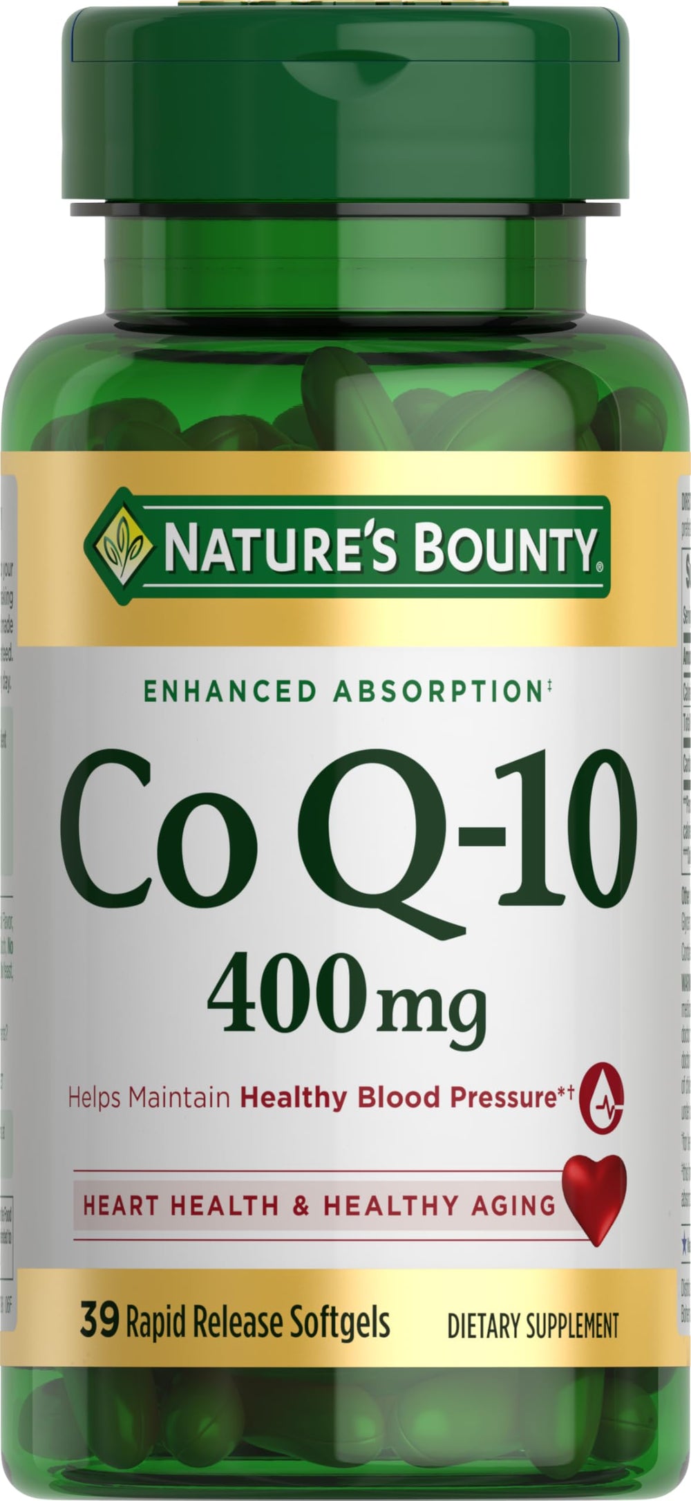 Nature's Bounty CoQ-10 400 mg cardio softgel bottle supports heart health and energy.
