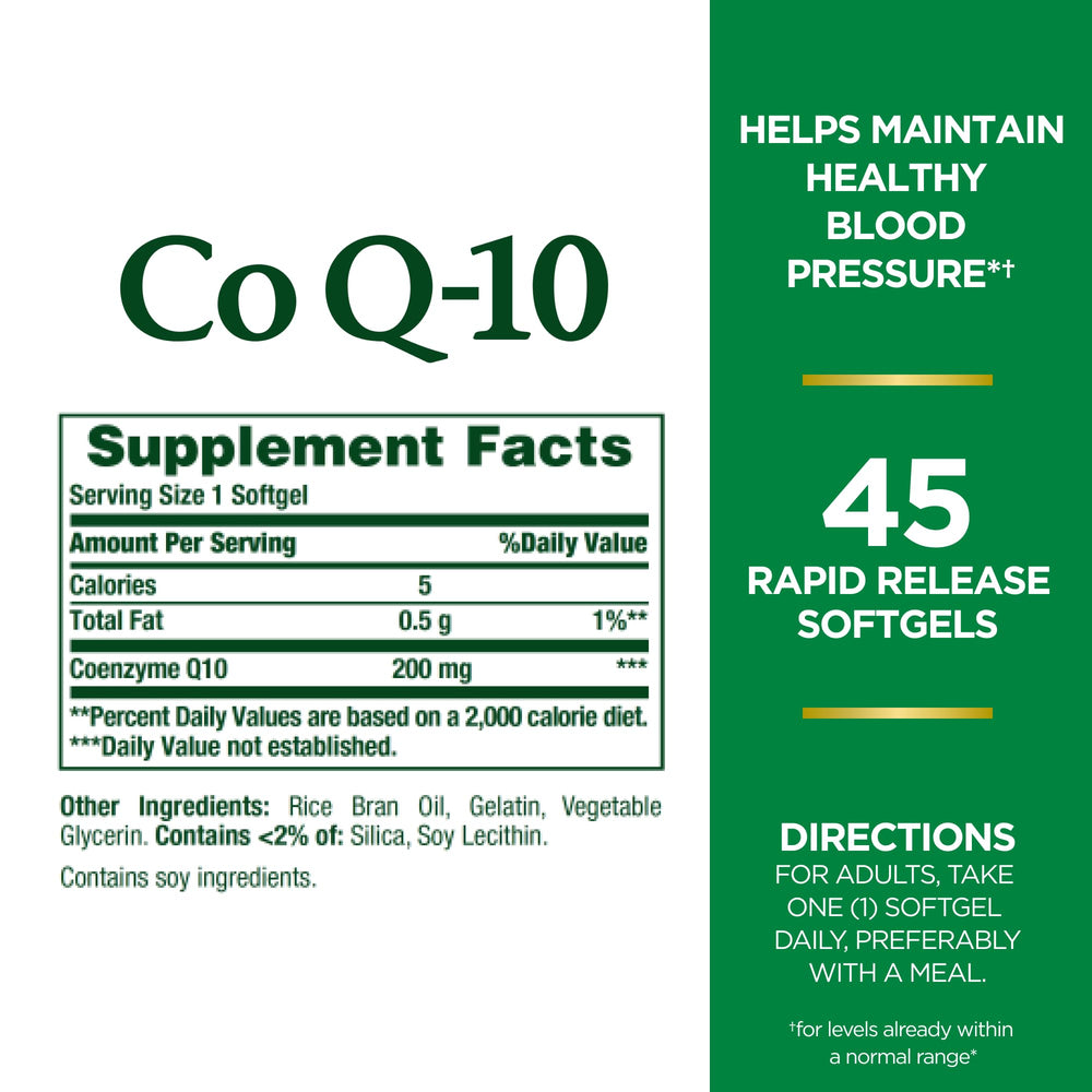 Nature's Bounty CoQ-10 bottle back label showing ingredients and directions