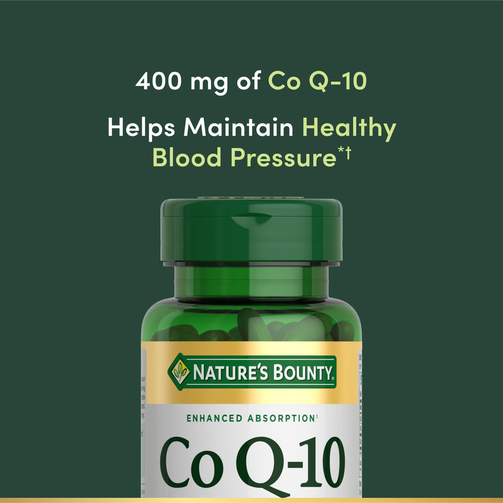Nature's Bounty CoQ-10 Cardio softgel bottle label emphasizes potency and purity.