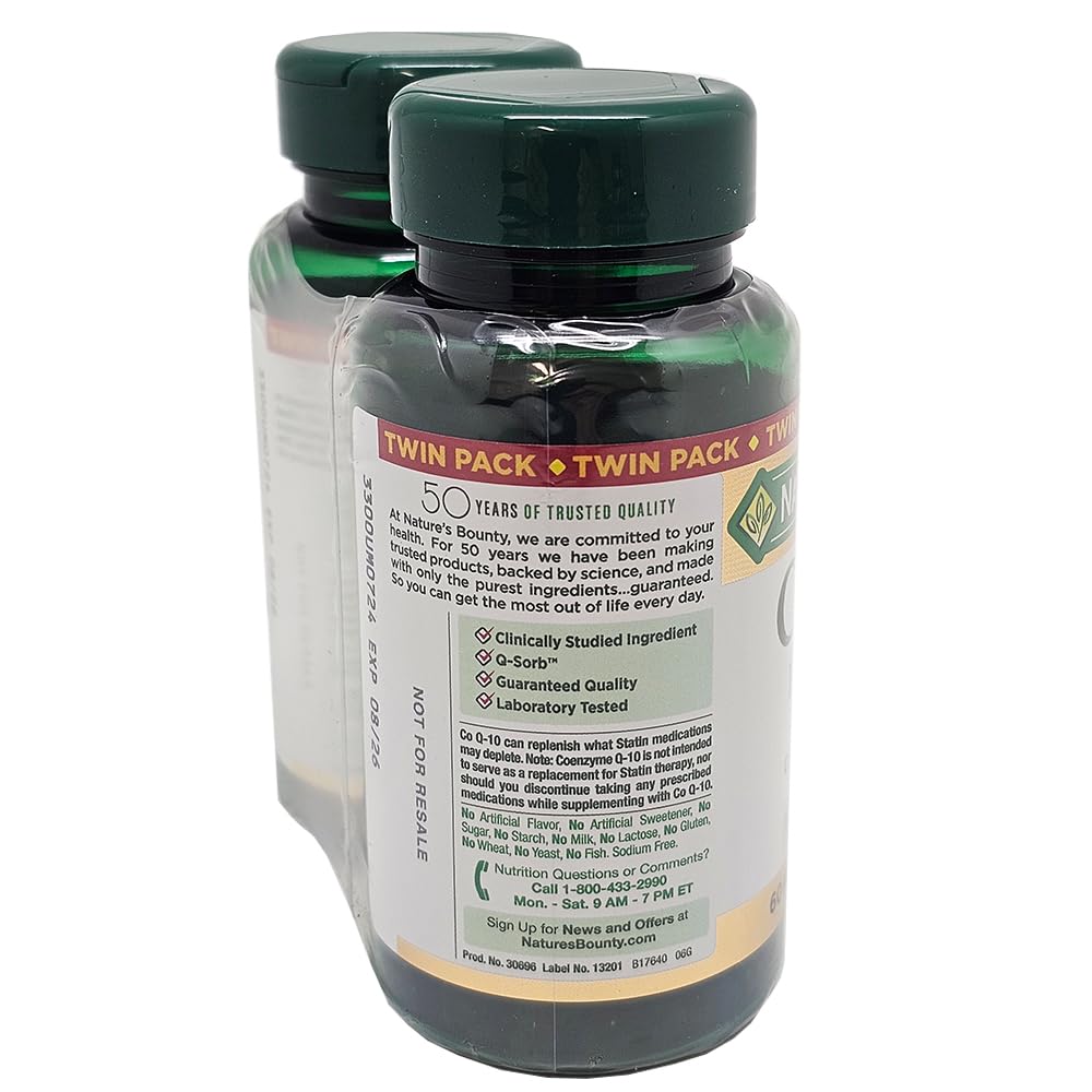 Nature's Bounty CoQ10 label closeup with dosage and ingredients
