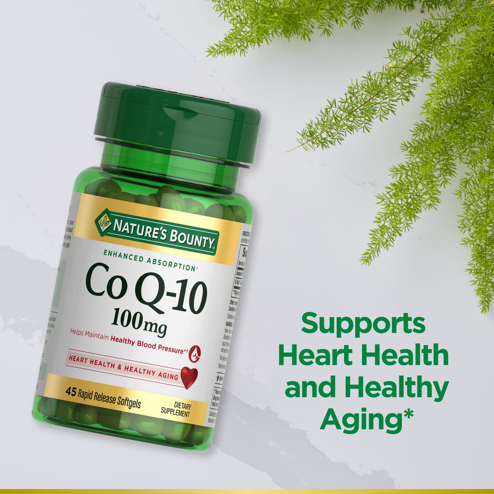 Nature's Bounty CoQ10 nutrition label showing 100 mg per softgel for heart health.