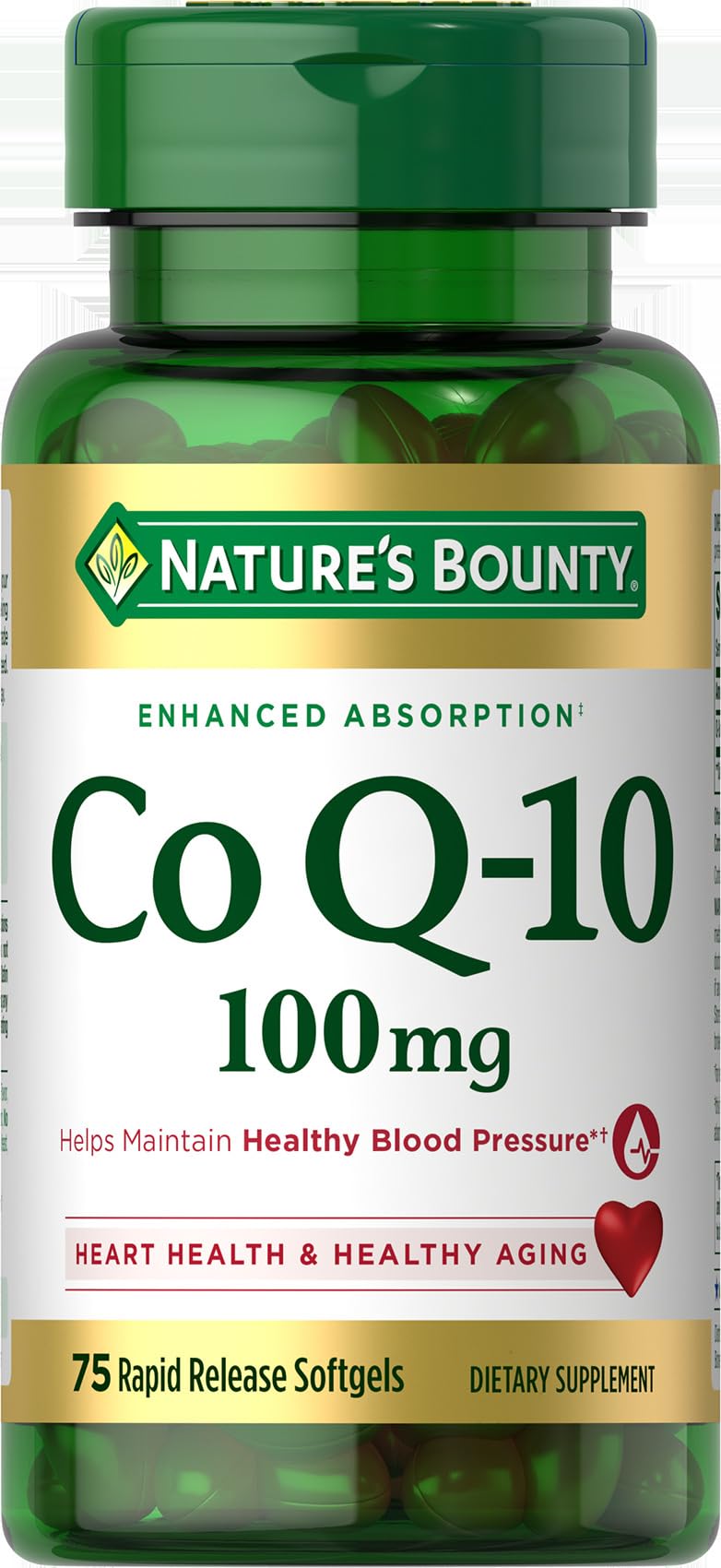 Nature's Bounty CoQ10 rapid-release softgels bottle front highlights heart health potential