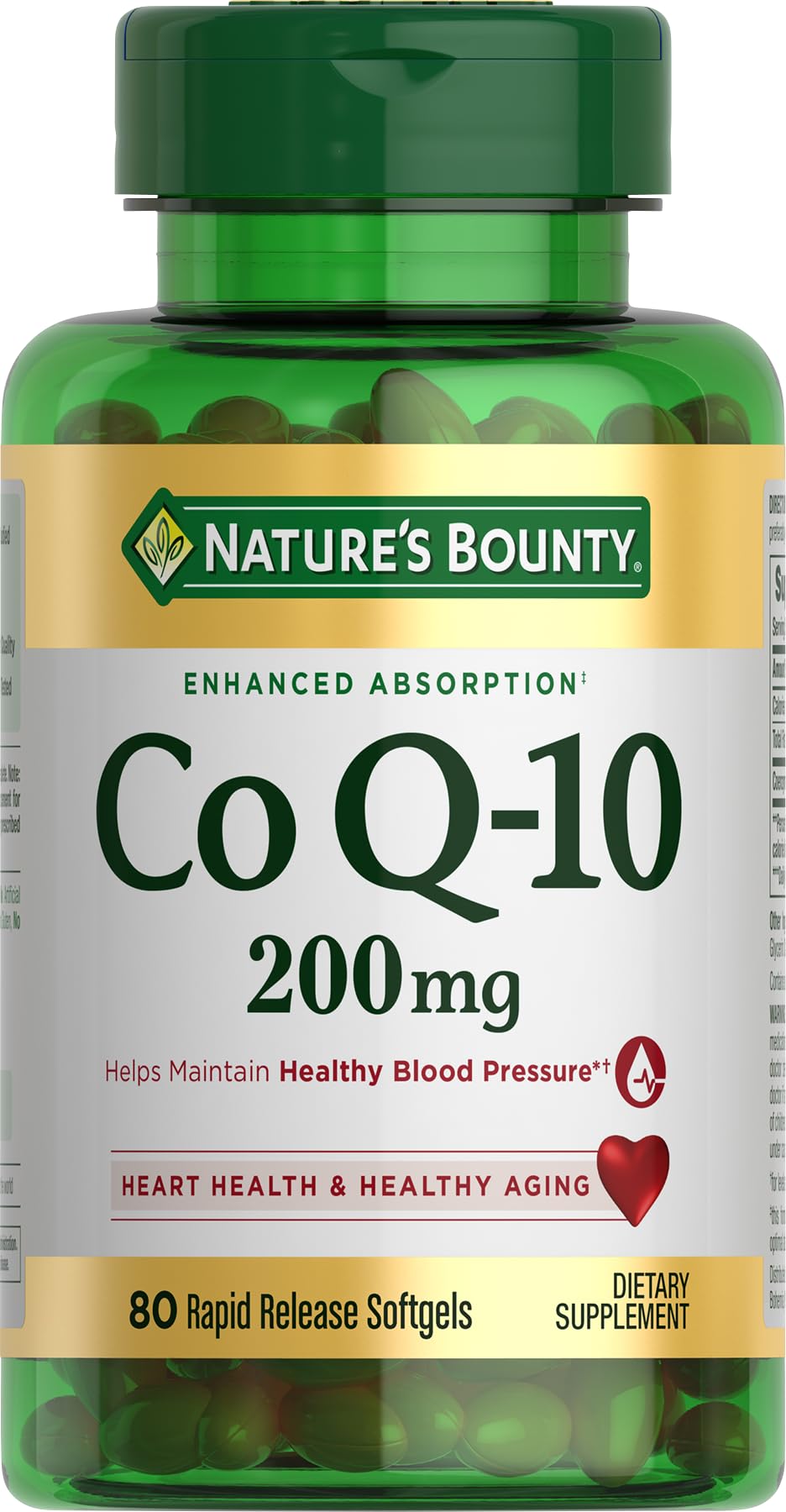 Nature's Bounty CoQ10 rapid-release softgels bottle for heart health support and energy production.