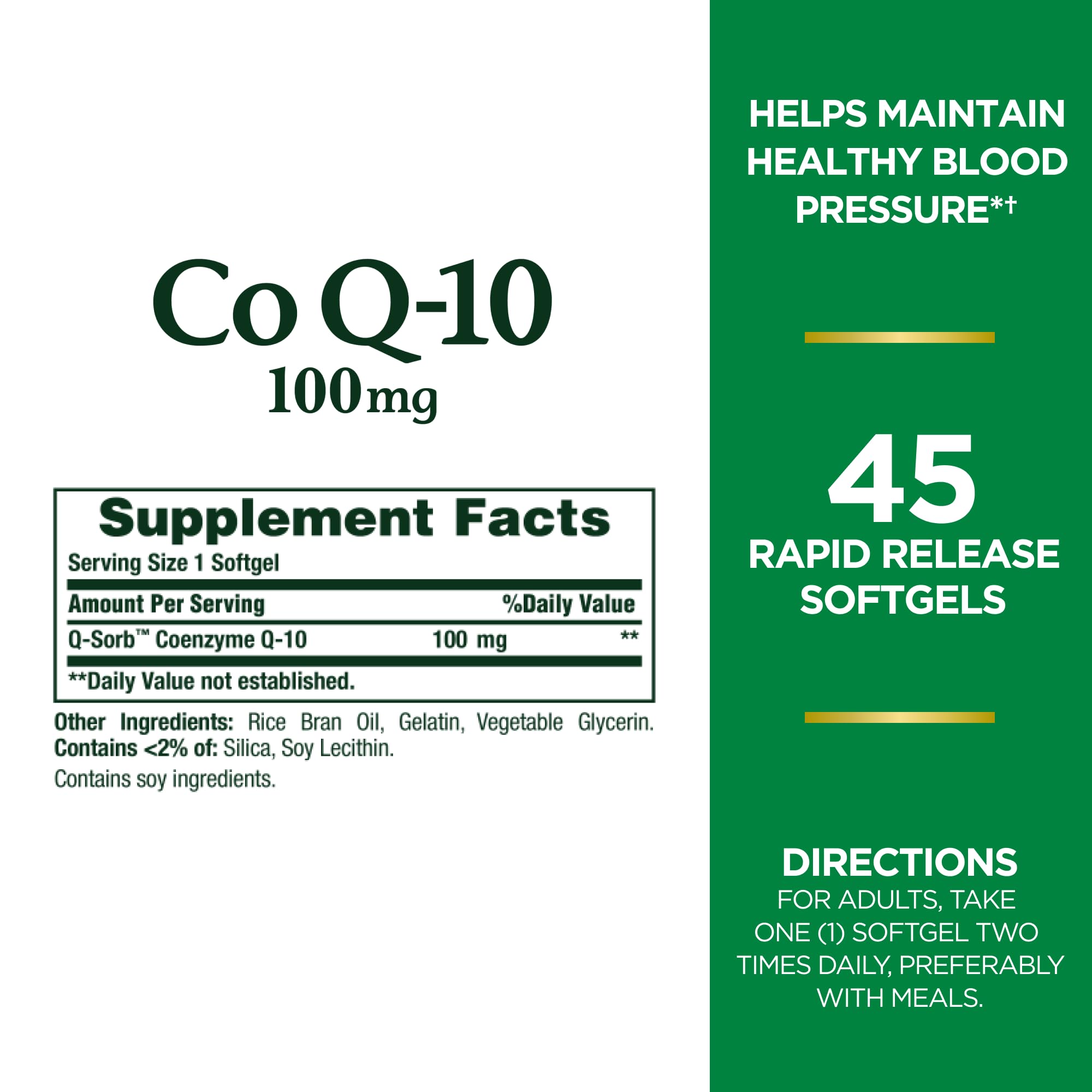 Close-up of Nature's Bounty CoQ10 softgels highlighting rapid-release formulation.