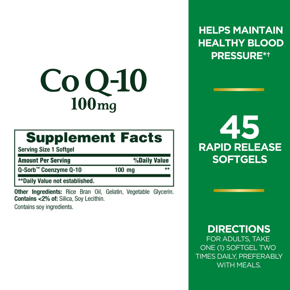 Close-up of Nature's Bounty CoQ10 softgels highlighting rapid-release formulation.