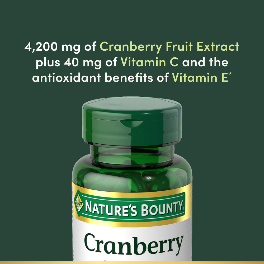 Label on Nature's Bounty Cranberry pills showing Vitamin C for immune support.