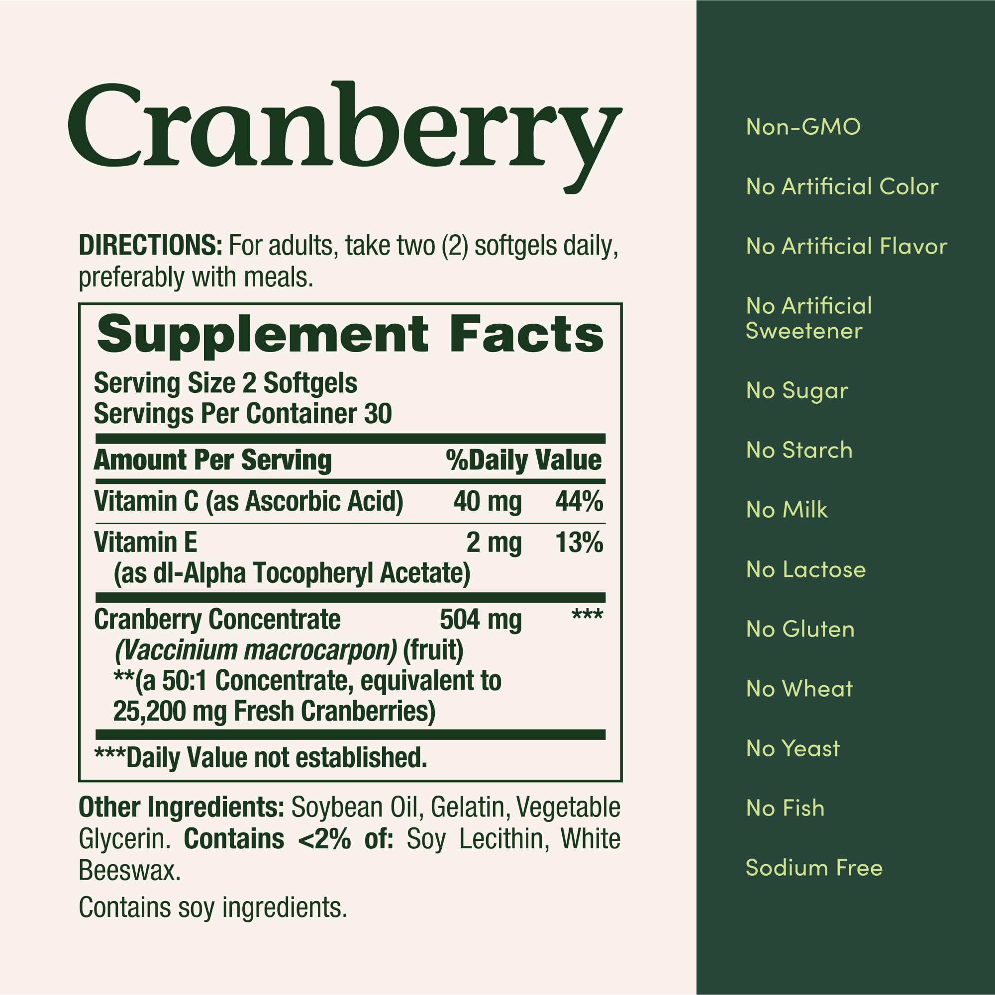 Nature's Bounty Cranberry Softgels ingredients label closeup