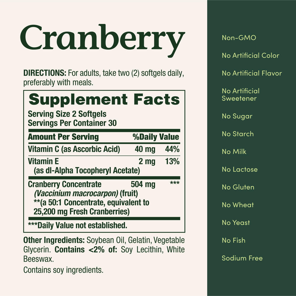 Nature's Bounty Cranberry Softgels ingredients label closeup