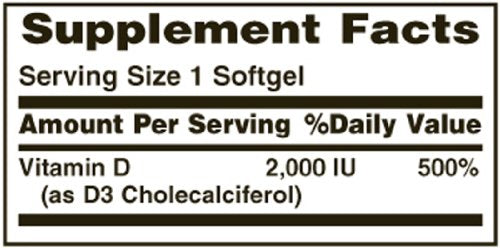 Nature's Bounty D 2000 IU softgels bottle back label shows directions for daily intake.