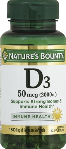 Nature's Bounty D 2000 IU softgels bottle front highlights calcium absorption support.