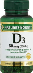 Nature's Bounty D 2000 IU softgels bottle front highlights calcium absorption support.