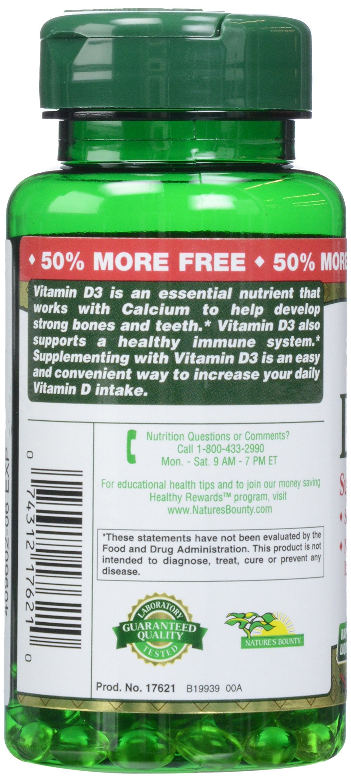 Nature's Bounty D 2000 IU softgels capsule detail highlights smooth coating.