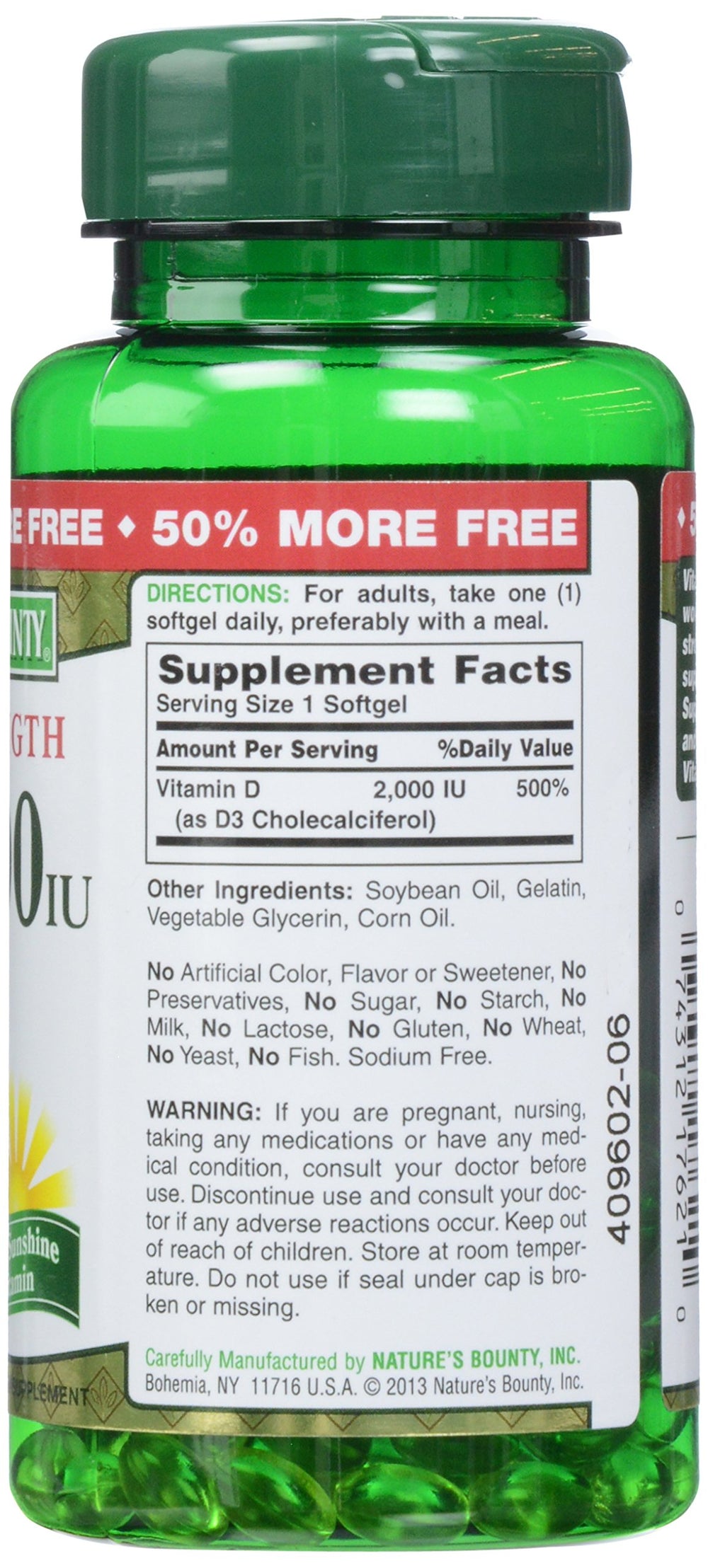 Nature's Bounty D 2000 IU softgels close-up emphasizes smooth, easy-to-swallow texture.