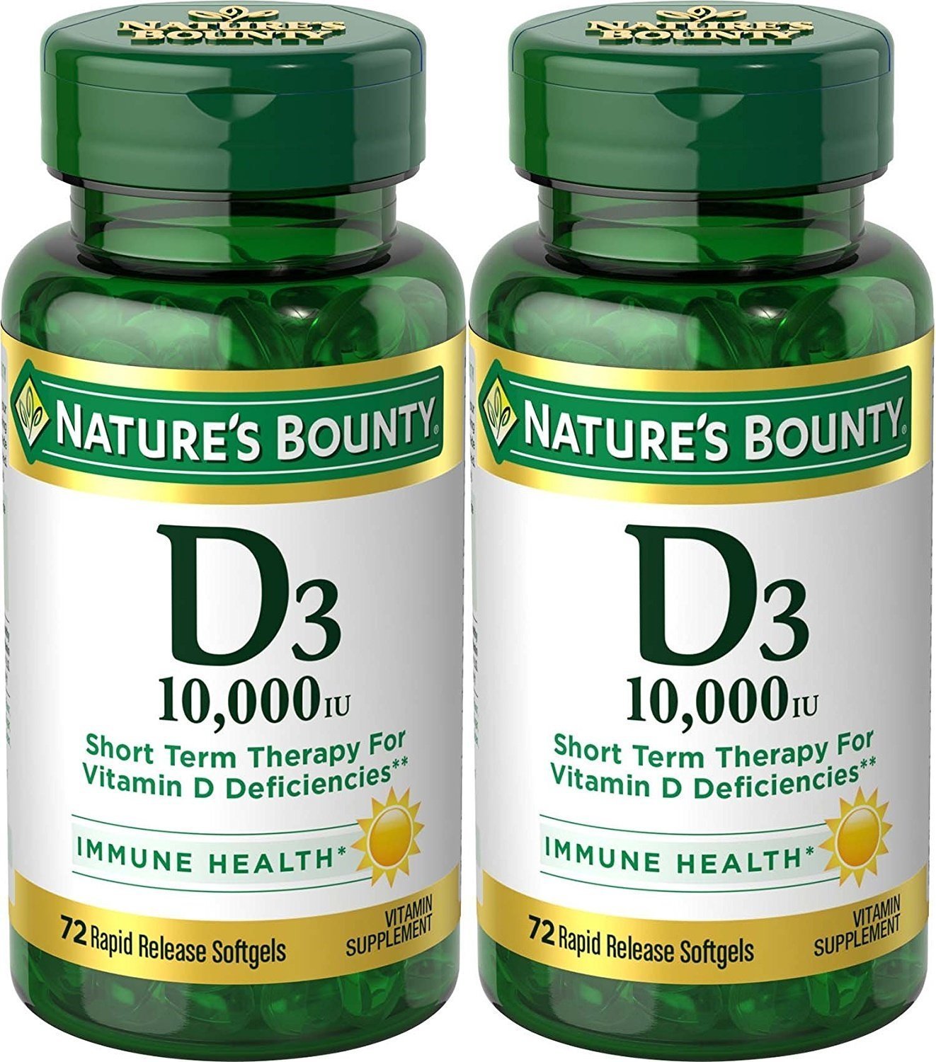 Nature’s Bounty D3 10,000 IU softgel bottle for bone health and daily immune support.