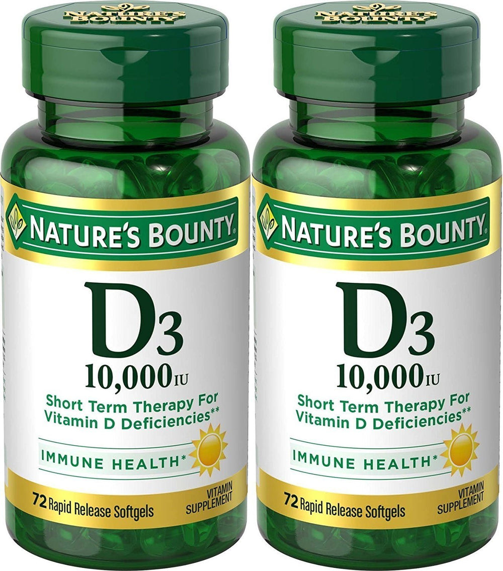 Nature’s Bounty D3 10,000 IU softgel bottle for bone health and daily immune support.