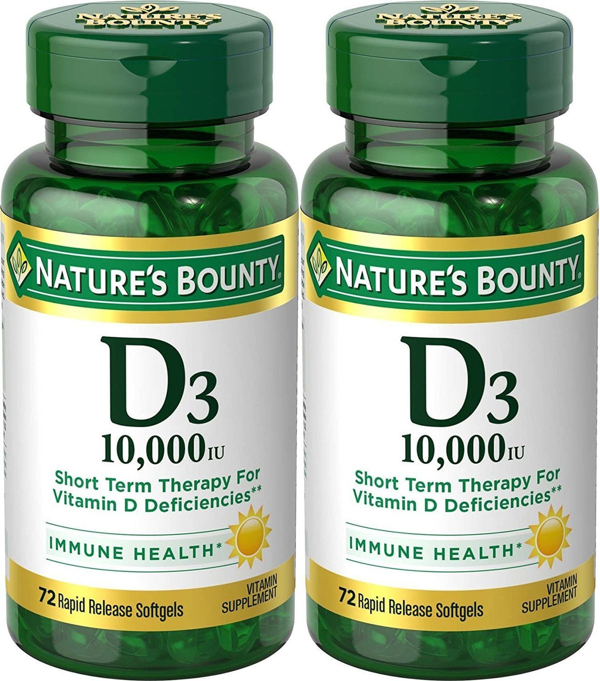 Nature’s Bounty D3 10,000 IU softgel bottle for bone health and daily immune support.