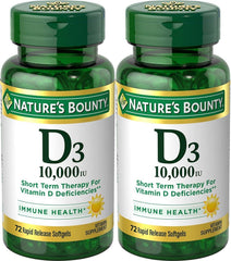 Nature’s Bounty D3 10,000 IU softgel bottle for bone health and daily immune support.