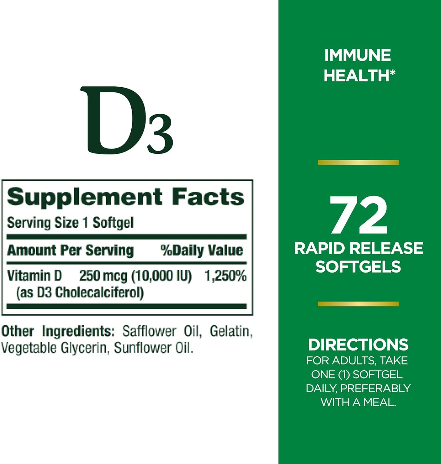 Nature's Bounty D3 softgels inside bottle ready for daily supplementation routine