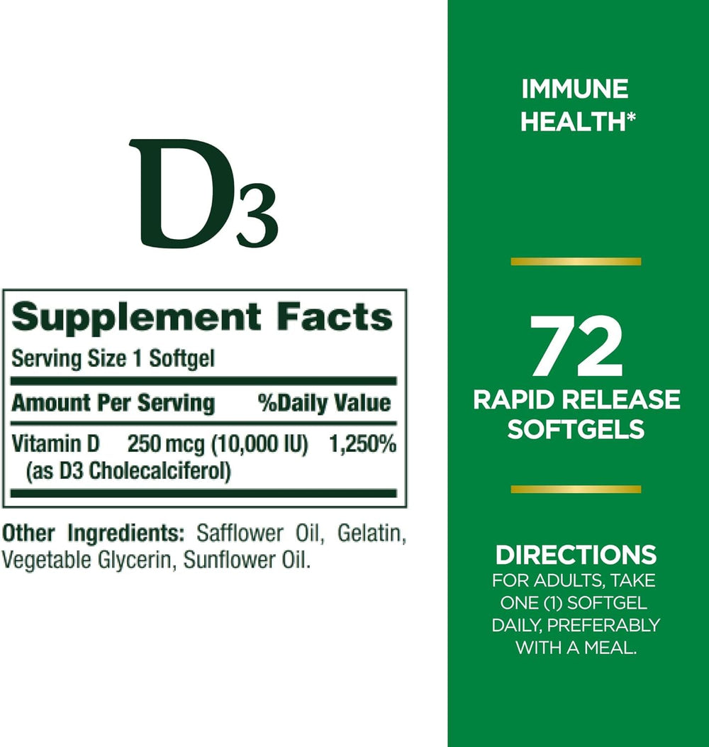 Nature's Bounty D3 softgels inside bottle ready for daily supplementation routine
