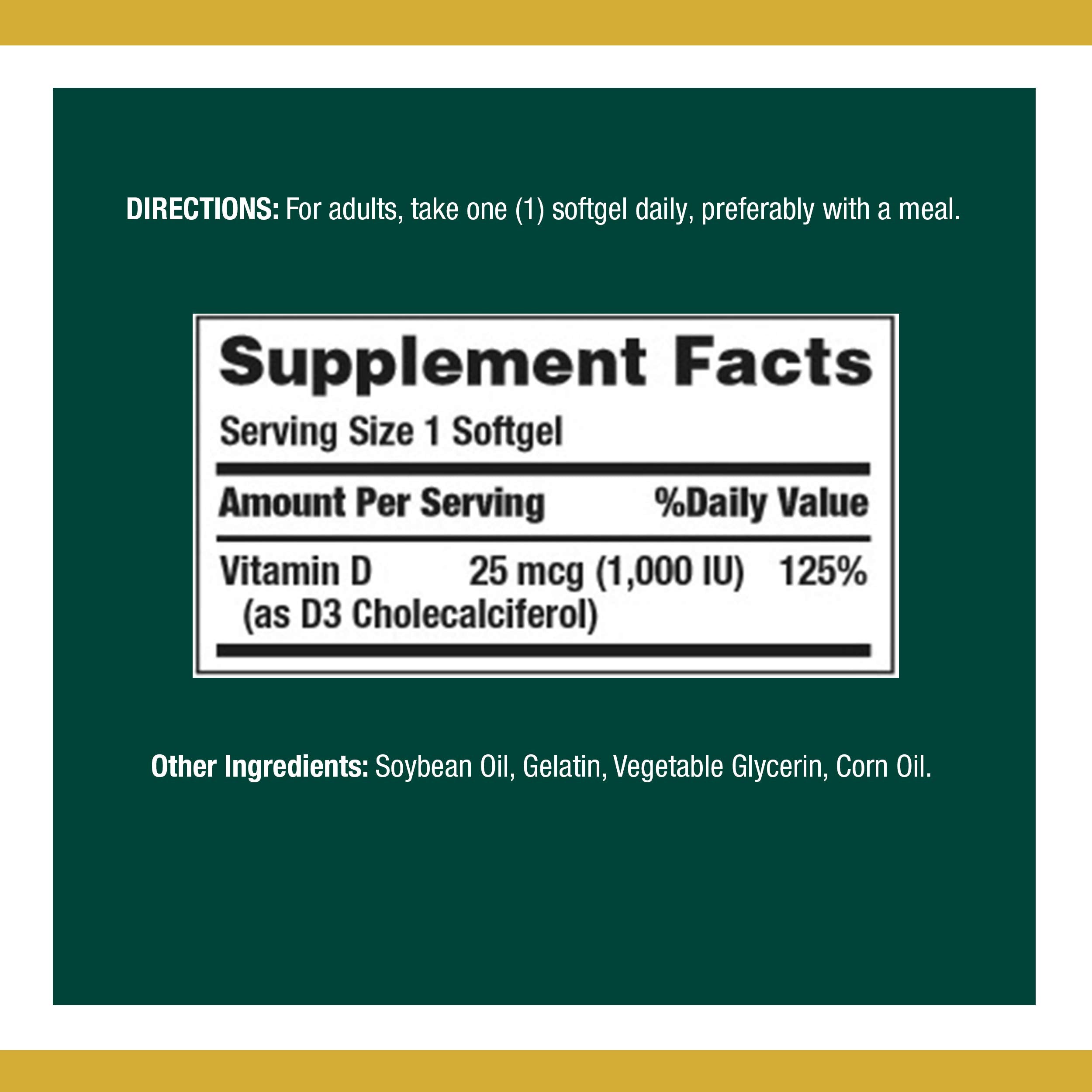 Nature's Bounty D3 softgels bottle back detailing dosage and ingredients.