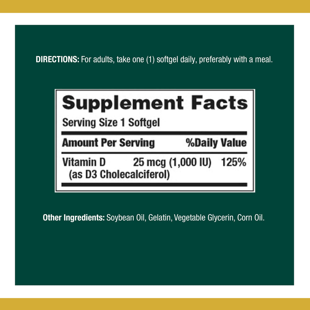 Nature's Bounty D3 softgels bottle back detailing dosage and ingredients.
