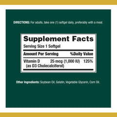 Nature's Bounty D3 softgels bottle back detailing dosage and ingredients.