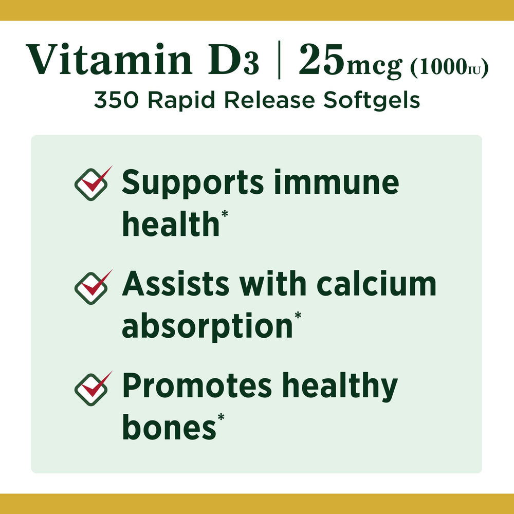 Nature's Bounty D3 softgels packaging emphasizing accessibility.