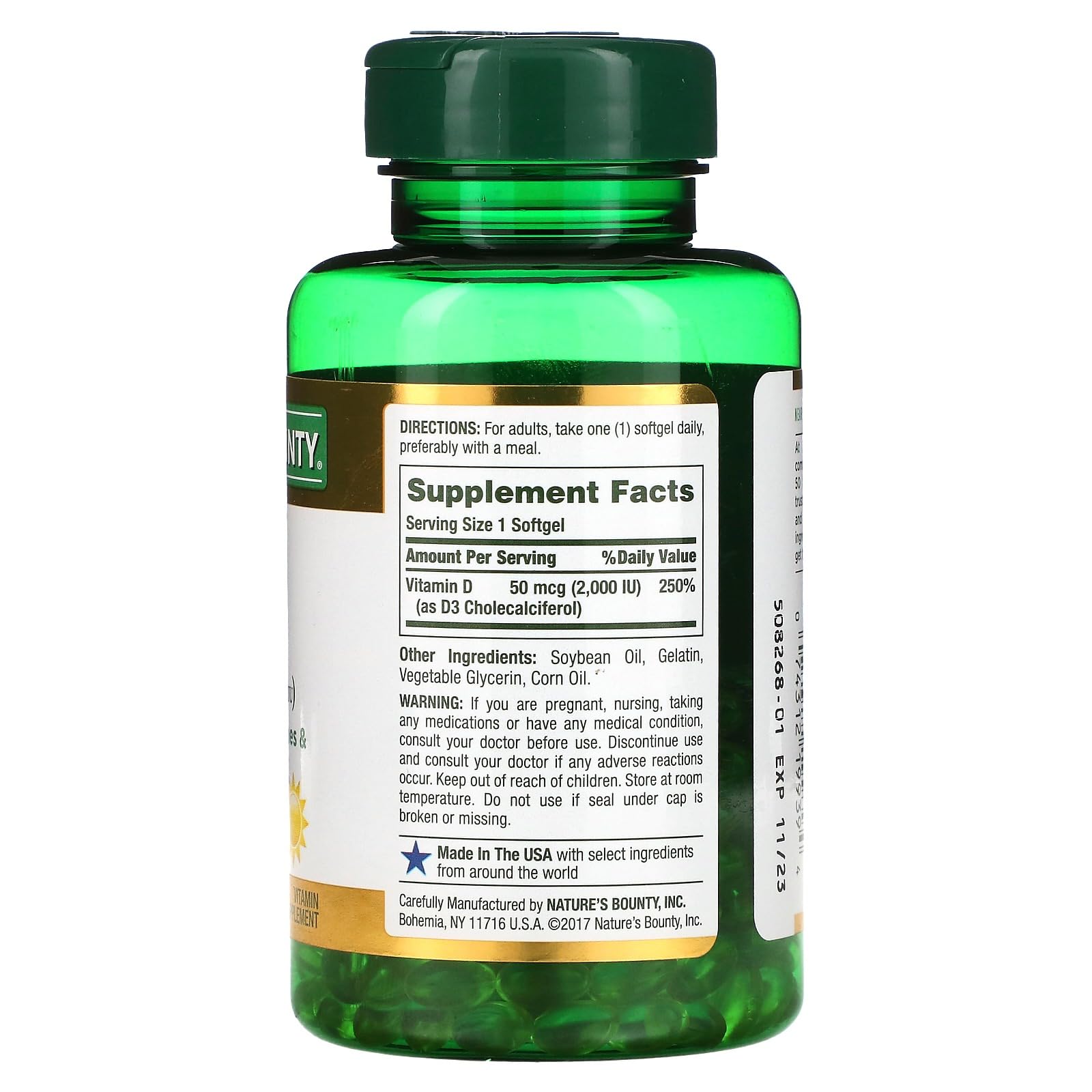 Nature's Bounty D3-2000 IU softgels close-up for easy daily supplementation