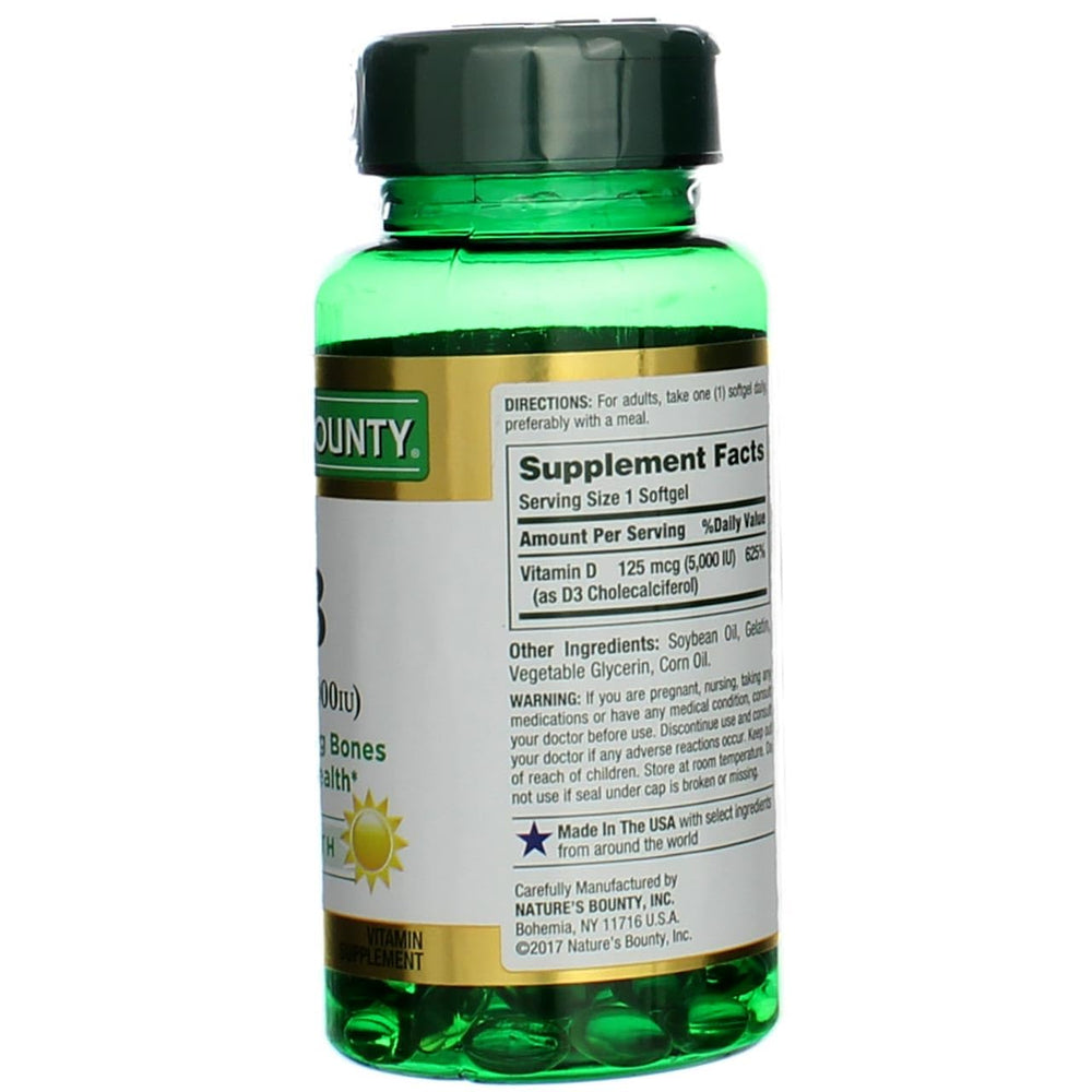 Nature's Bounty D3 5000 IU softgels bottle tilted for easy swallowing