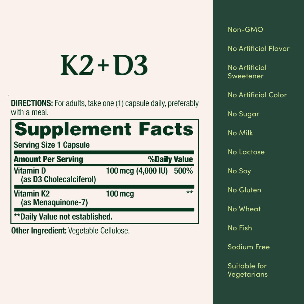Nature’s Bounty D3 K2 product showing gluten-free and sugar-free credentials.