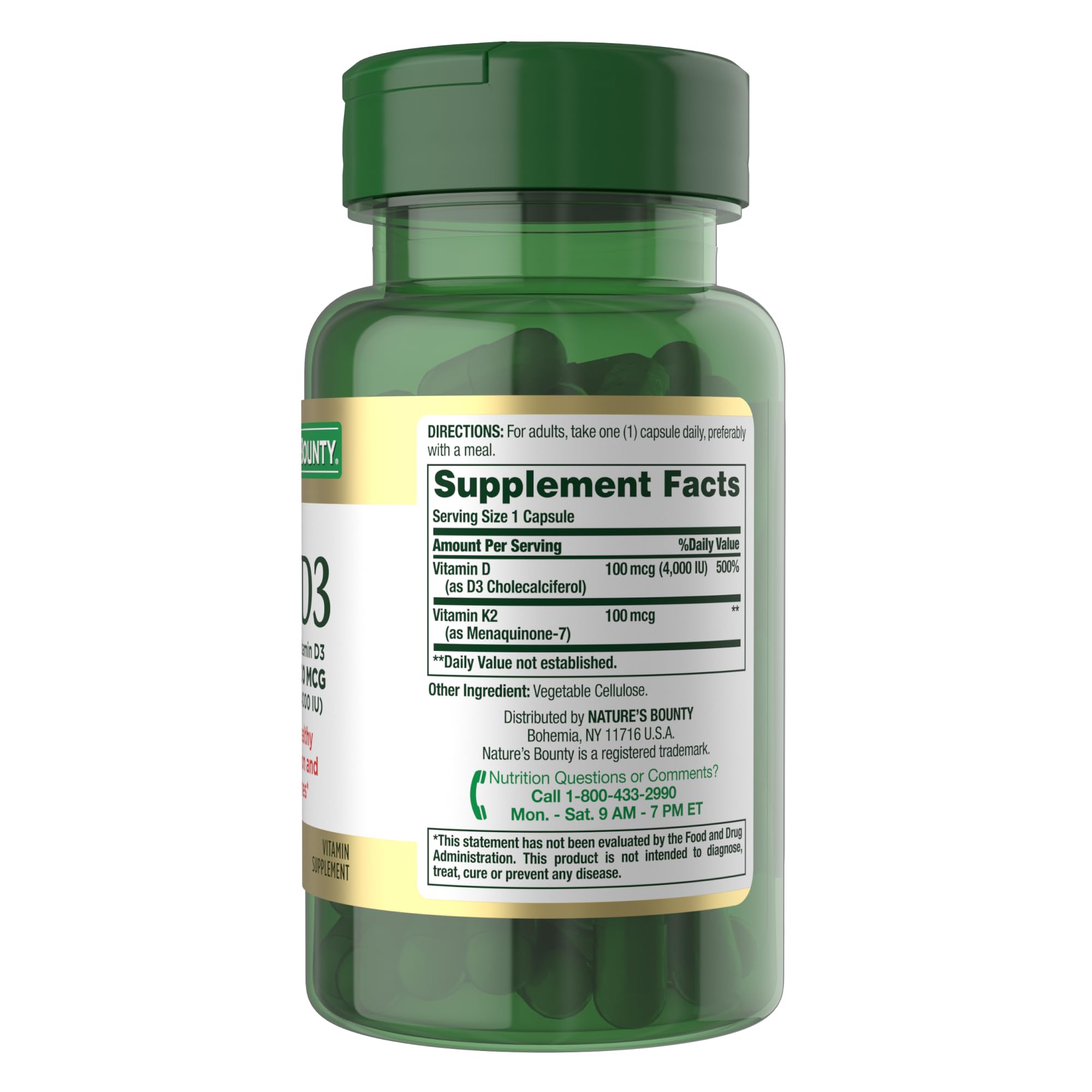 Vegetarian capsules from Nature’s Bounty D3 K2 bottle.
