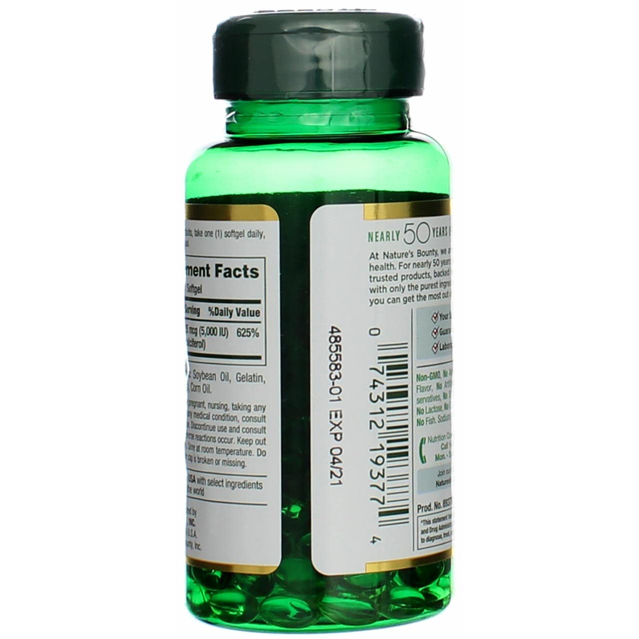 Nature's Bounty D3 softgels label closeup highlighting supplement facts