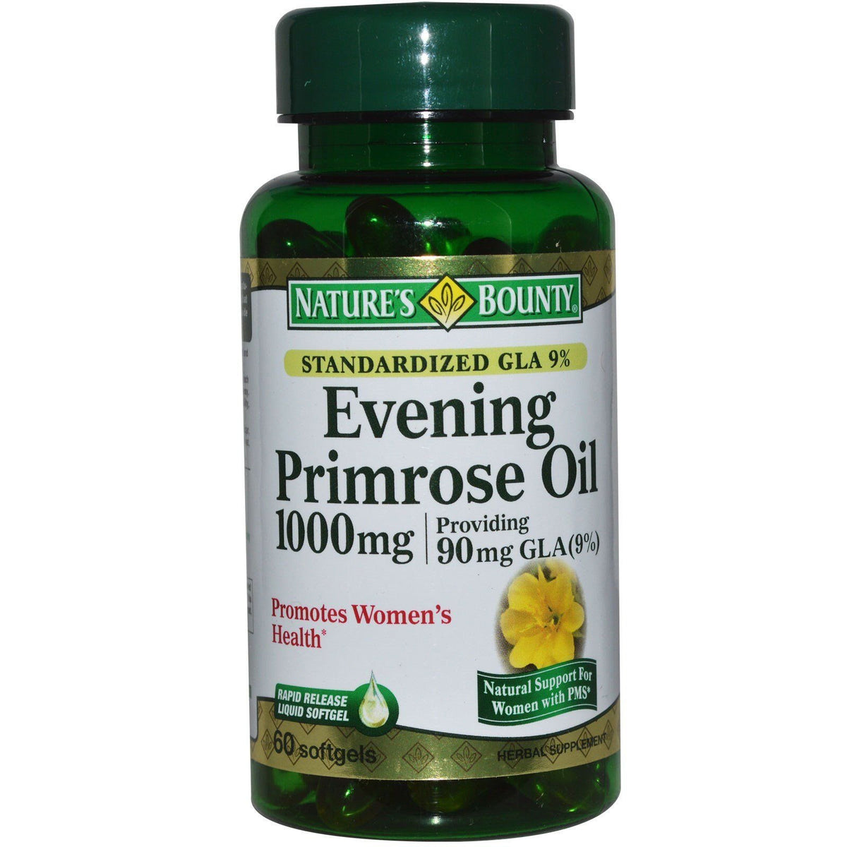 Nature's Bounty Evening Primrose Oil softgels bottle front highlights a natural source of GLA for daily supplement use