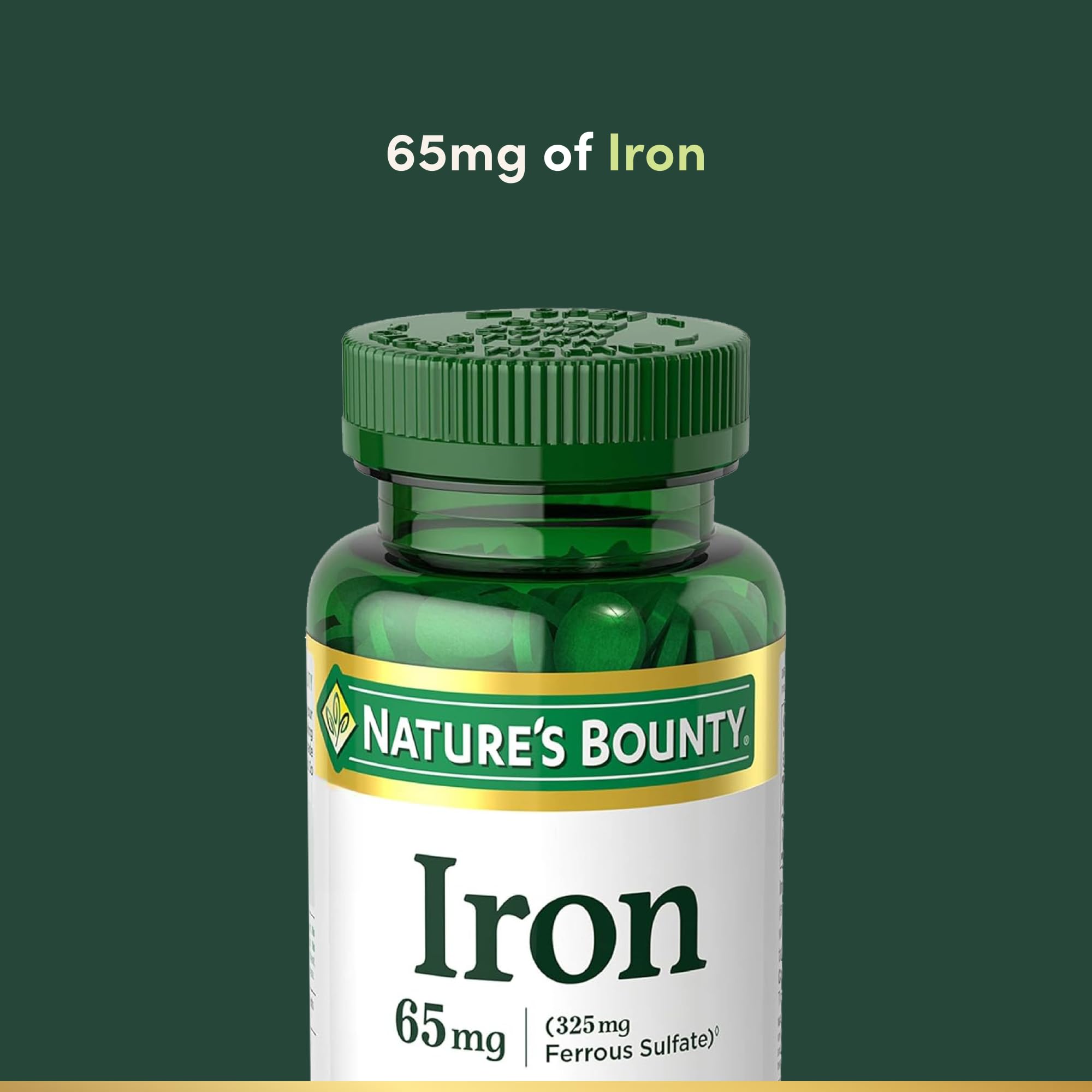 Nature’s Bounty Ferrous Sulfate bottle close-up; daily iron source.