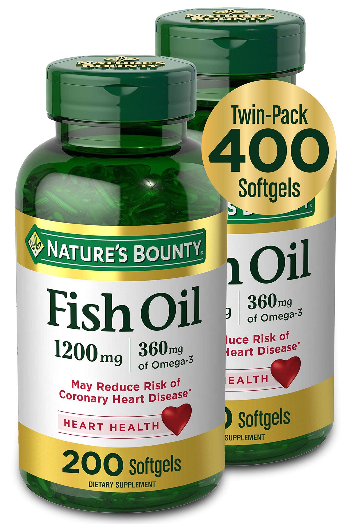 Nature's Bounty Fish Oil softgels bottle showing odor-free omega-3 for daily heart health.