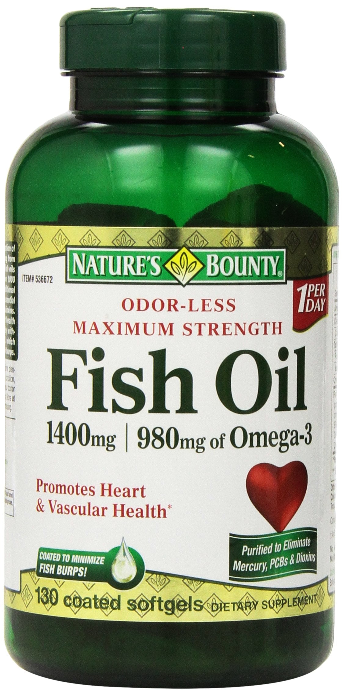 Nature's Bounty fish oil 1400 mg bottle with softgels for daily omega-3 intake